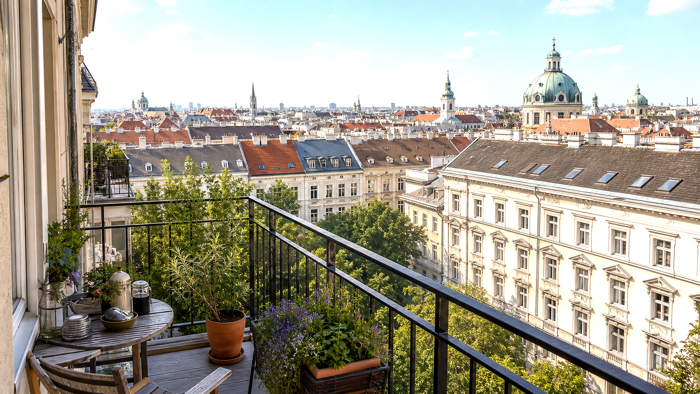 Wiener Wohnviertel im warmen Abendlicht mit Blick über Dächer
